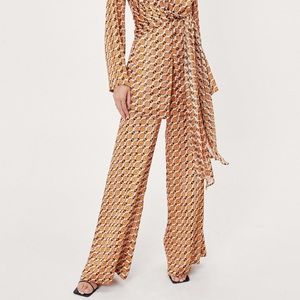 Nasty Gal Chiffon Orange Retro Print Wide Leg Pants Sz 2